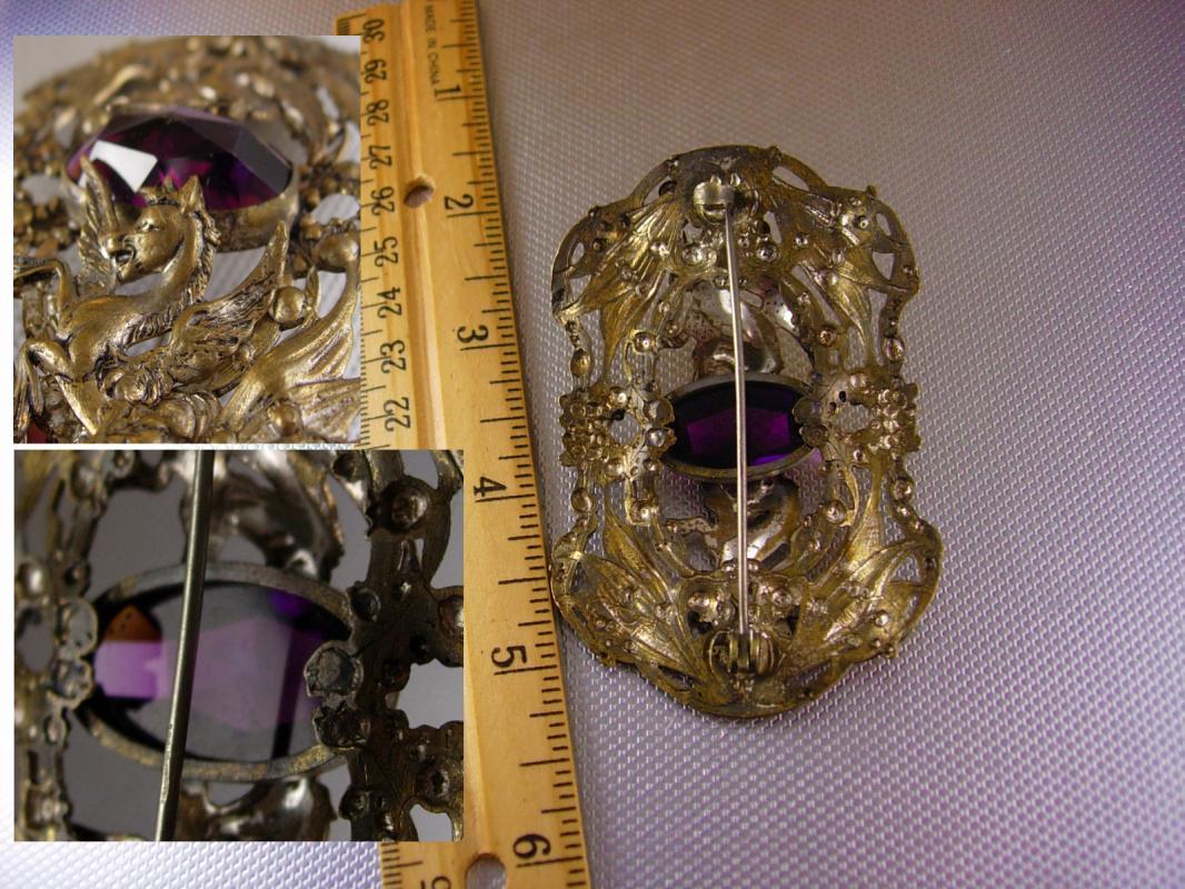 Antique Pegasus Amethyst Sash pin Mythical Winged horse brooch