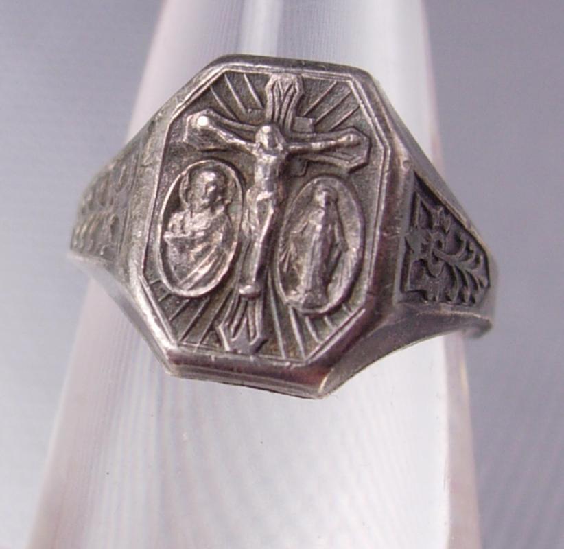 Antique Sterling Miraculous Medal Ring crucifix Jesus Mary