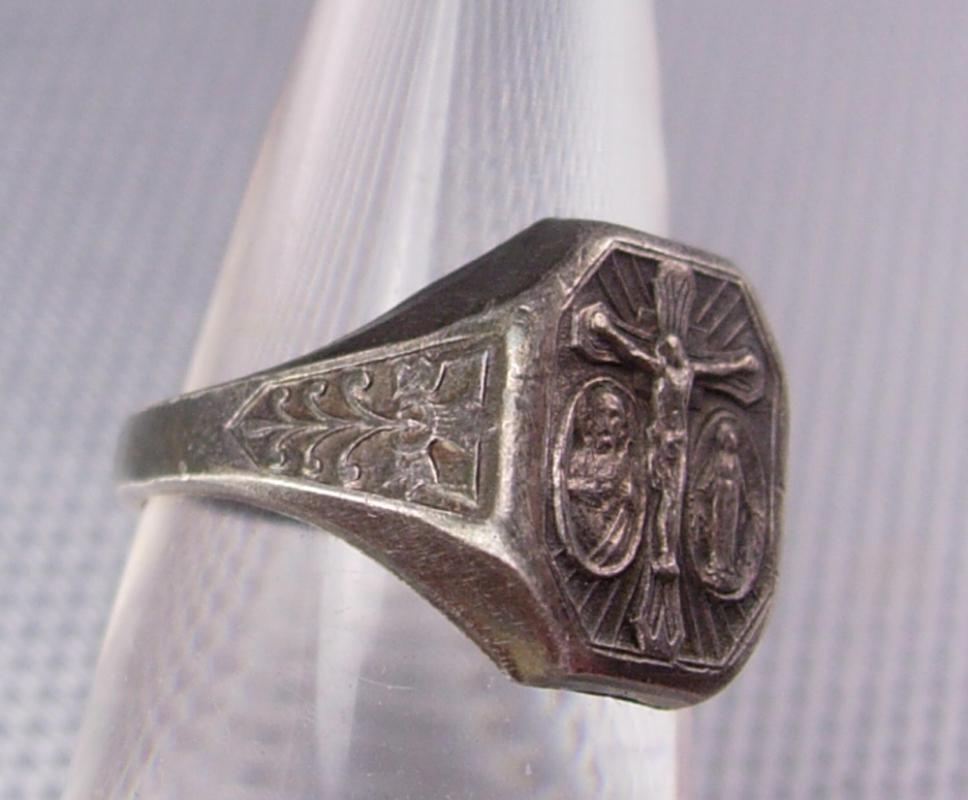 Antique Sterling Miraculous Medal Ring crucifix Jesus Mary