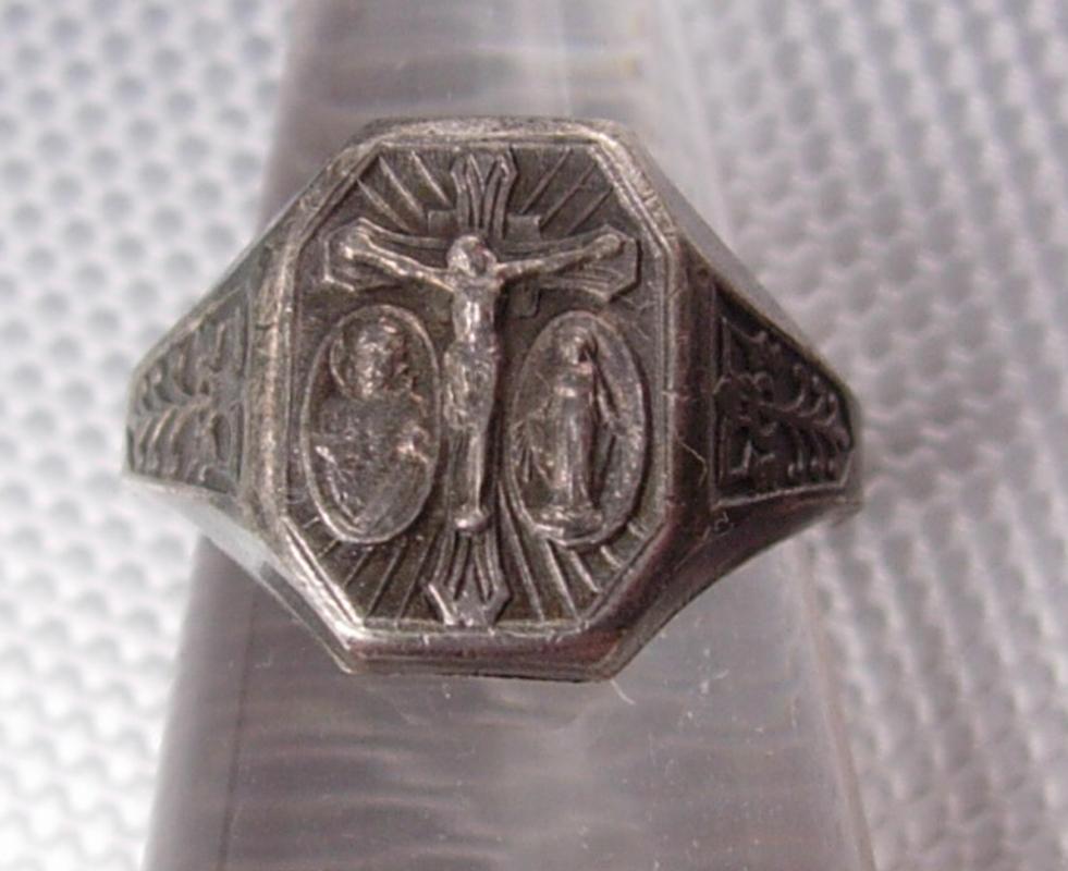 Antique Sterling Miraculous Medal Ring crucifix Jesus Mary