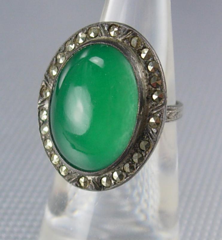 Antique Stone of Venus Chrysoprase Ring sterling deco marcasites
