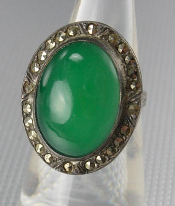 Antique Stone of Venus Chrysoprase Ring sterling deco marcasites