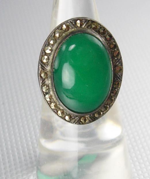 Antique Stone of Venus Chrysoprase Ring sterling deco marcasites