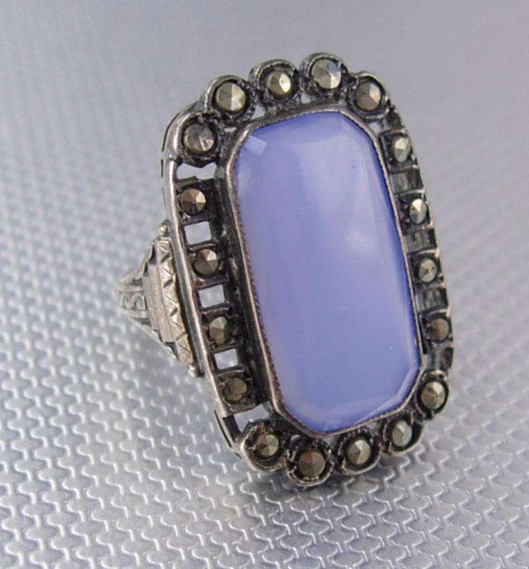 Antique Lavender Chalcedony sterling ring marcasite lilac stone spiritual talisman