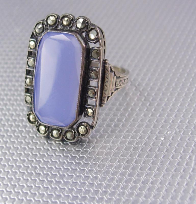 Antique Lavender Chalcedony sterling ring marcasite lilac stone spiritual talisman