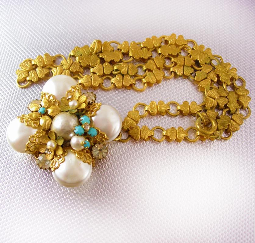 Edwardian Bookchain Necklace huge baroque pearl turquoise filigree pendant