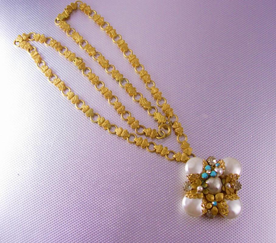 Edwardian Bookchain Necklace huge baroque pearl turquoise filigree pendant