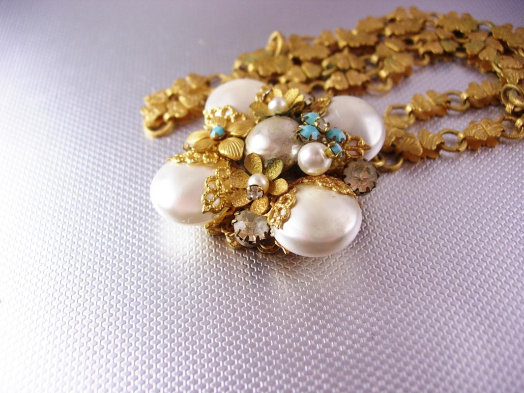 Edwardian Bookchain Necklace huge baroque pearl turquoise filigree pendant