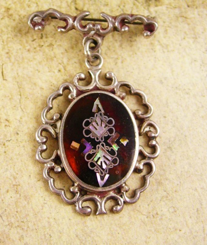 Victorian Tortoise MOP Pietra dura Brooch sterling chandelier signed PGG mexico