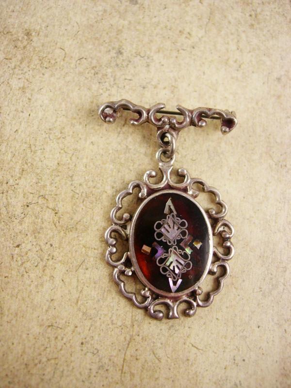 Victorian Tortoise MOP Pietra dura Brooch sterling chandelier signed PGG mexico