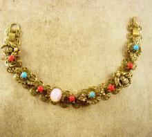 Antique Bookchain Victorian bracelet Cherubs opals pearl coral turquoise