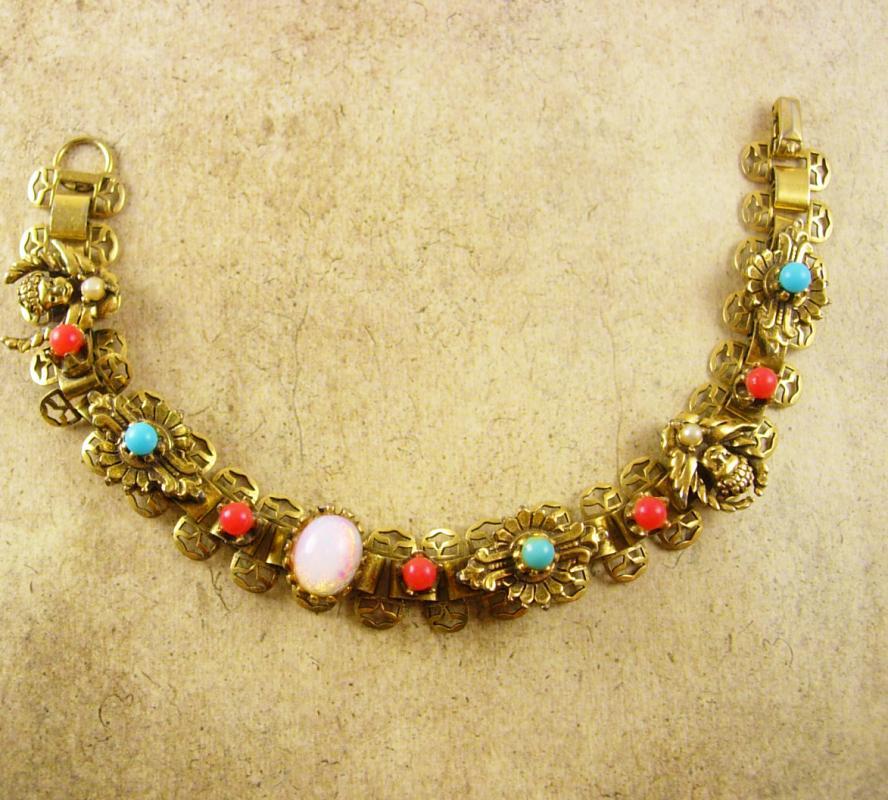 Antique Bookchain Victorian bracelet Cherubs opals pearl coral turquoise