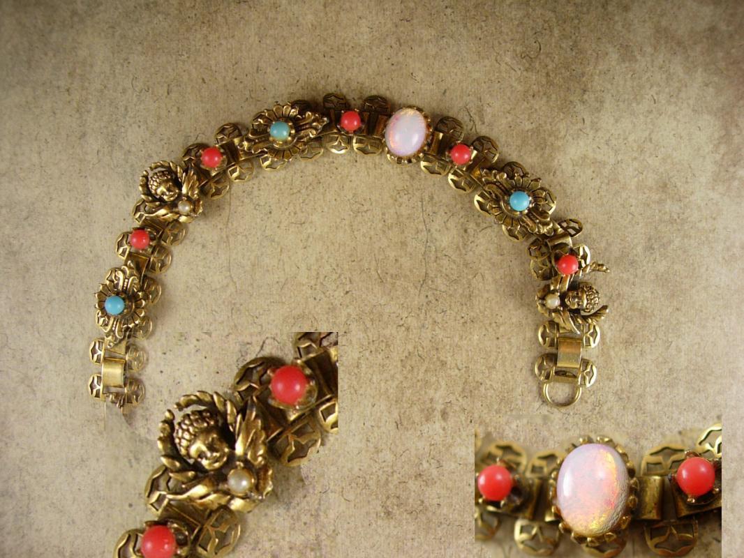 Antique Bookchain Victorian bracelet Cherubs opals pearl coral turquoise