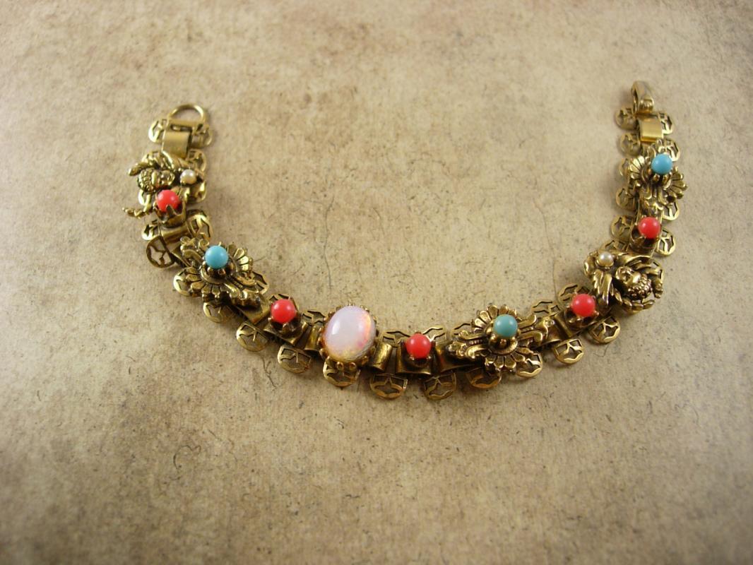 Antique Bookchain Victorian bracelet Cherubs opals pearl coral turquoise