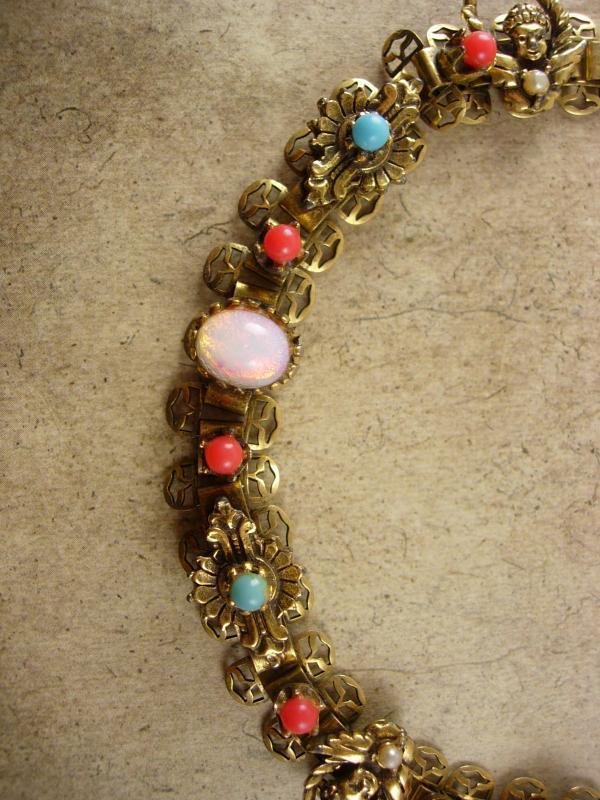 Antique Bookchain Victorian bracelet Cherubs opals pearl coral turquoise