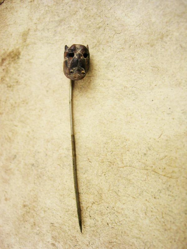 Antique Victorian Bulldog Stickpin Bog oak Enamel eyes