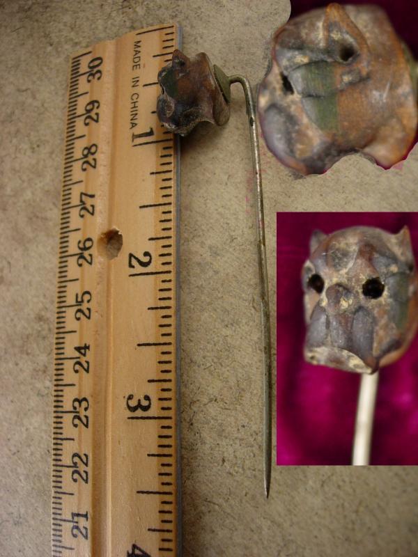 Antique Victorian Bulldog Stickpin Bog oak Enamel eyes