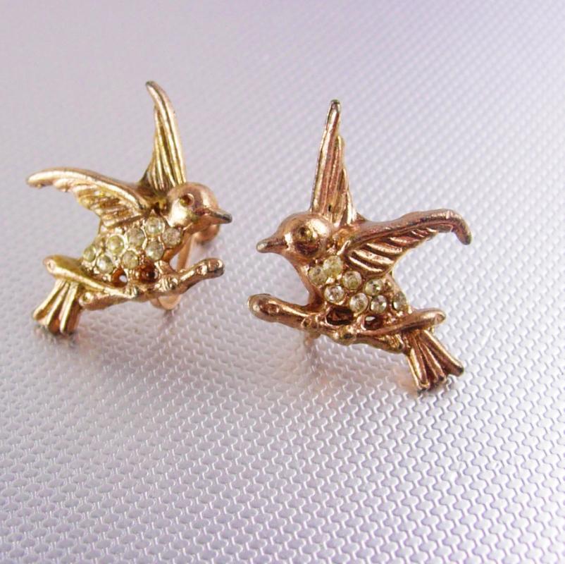 Vintage Rhinestone Bird Earrings rose gold plate screw back