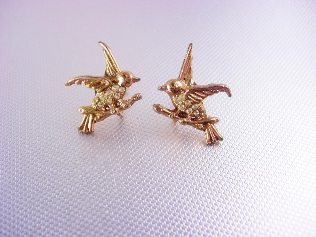 Vintage Rhinestone Bird Earrings rose gold plate screw back
