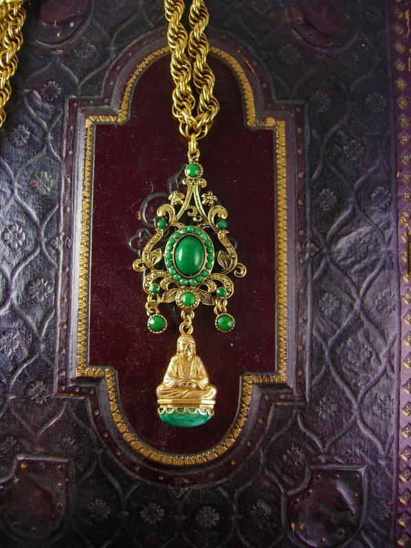 Vintage Chinese Buddha Fob Necklace Chandelier Emerald green stones