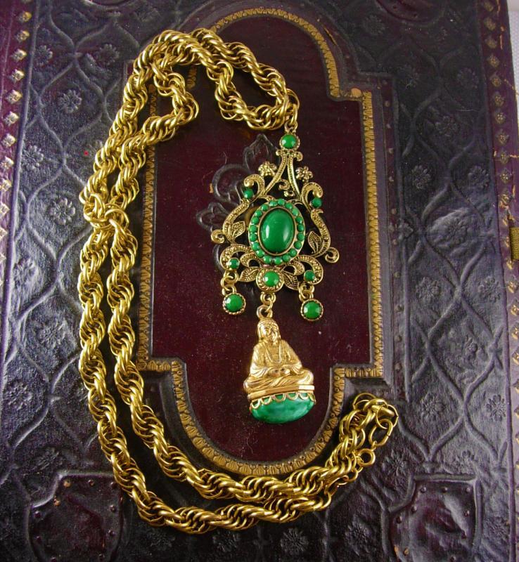 Vintage Chinese Buddha Fob Necklace Chandelier Emerald green stones