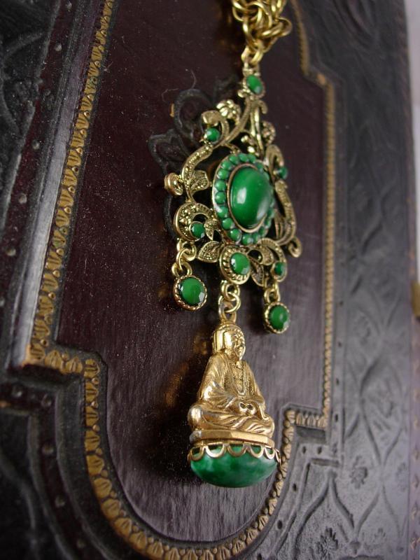 Vintage Chinese Buddha Fob Necklace Chandelier Emerald green stones