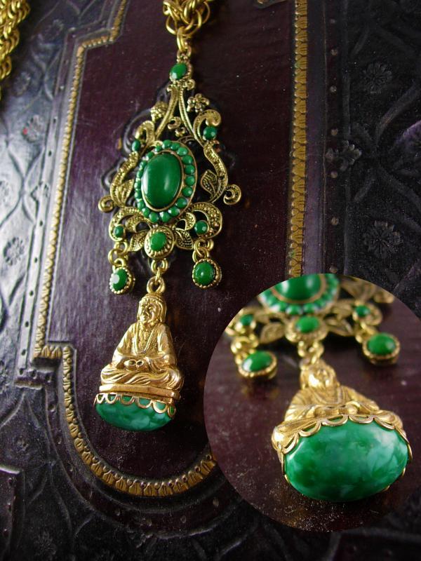 Vintage Chinese Buddha Fob Necklace Chandelier Emerald green stones