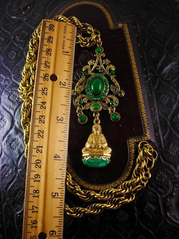 Vintage Chinese Buddha Fob Necklace Chandelier Emerald green stones