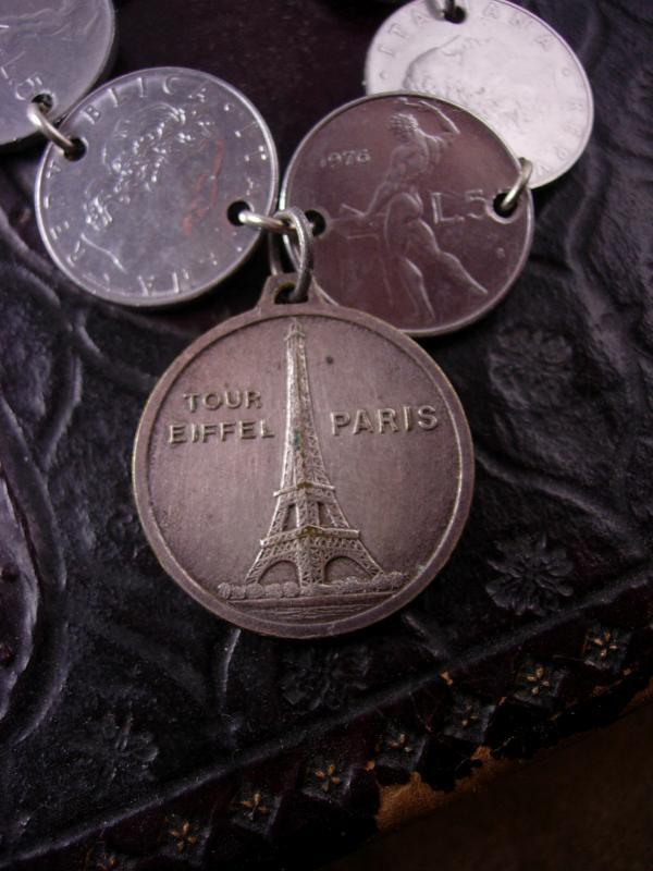 French Fob Bracelet Eiffel Tower Infant of prague medals Minerva Italy Art deco coins