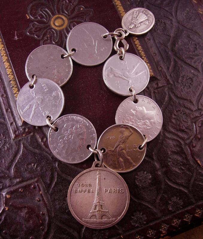 French Fob Bracelet Eiffel Tower Infant of prague medals Minerva Italy Art deco coins