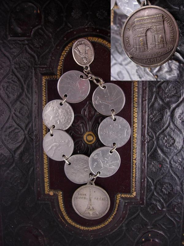 French Fob Bracelet Eiffel Tower Infant of prague medals Minerva Italy Art deco coins