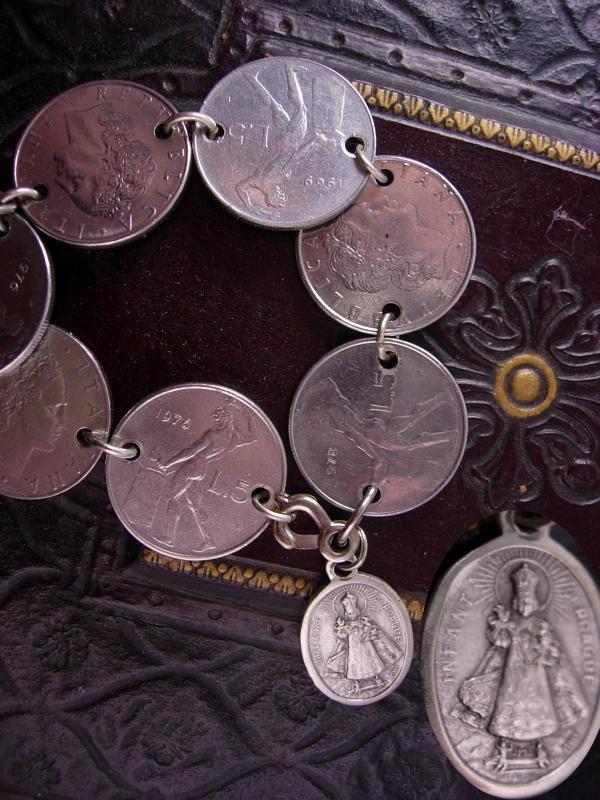 French Fob Bracelet Eiffel Tower Infant of prague medals Minerva Italy Art deco coins