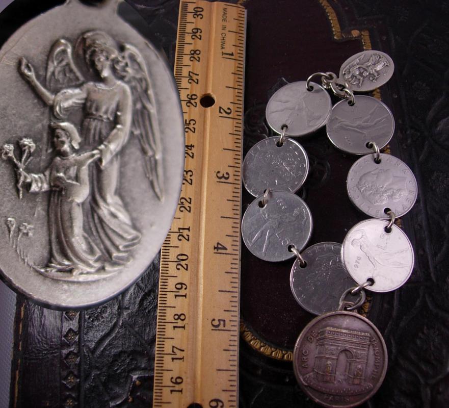 French Fob Bracelet Eiffel Tower Infant of prague medals Minerva Italy Art deco coins
