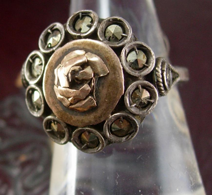 Antique Russian Rose Gold ring sterling with sweetheart flower OOAK