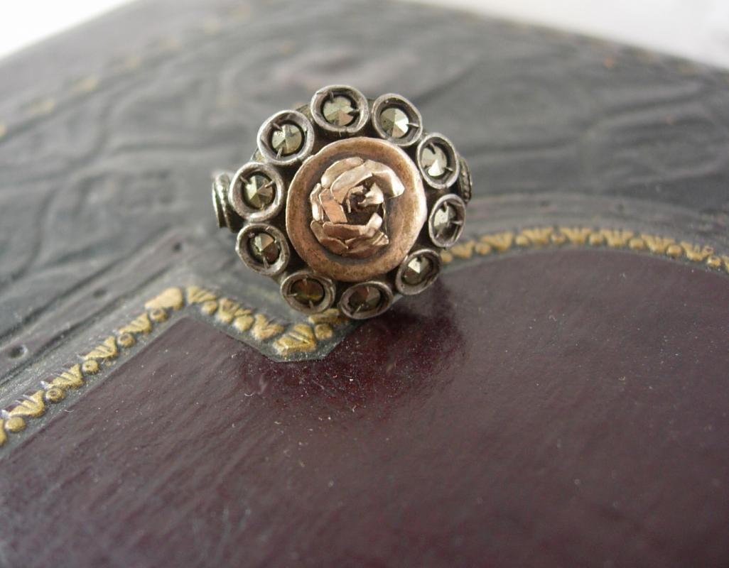 Antique Russian Rose Gold ring sterling with sweetheart flower OOAK