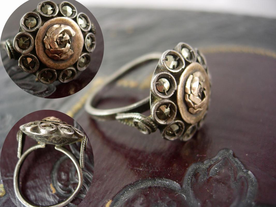 Antique Russian Rose Gold ring sterling with sweetheart flower OOAK
