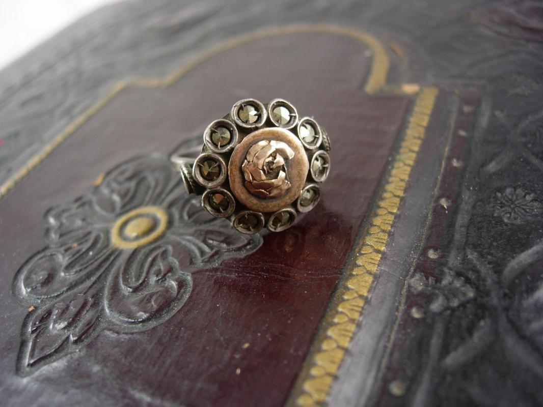 Antique Russian Rose Gold ring sterling with sweetheart flower OOAK