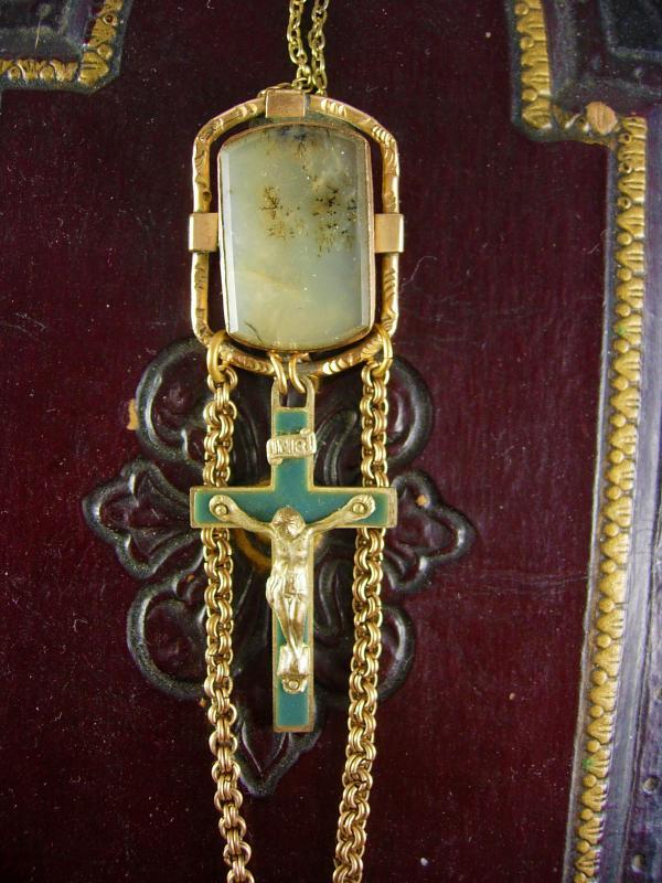 Antique Victorian Moss Agate Rosary Necklace Watch chain gold filled