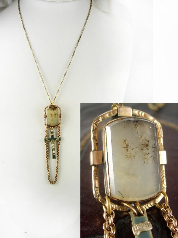 Antique Victorian Moss Agate Rosary Necklace Watch chain gold filled