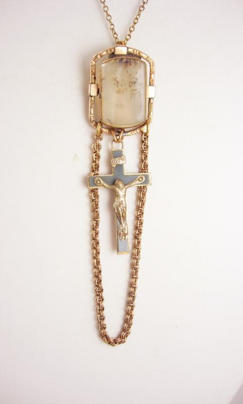 Antique Victorian Moss Agate Rosary Necklace Watch chain gold filled