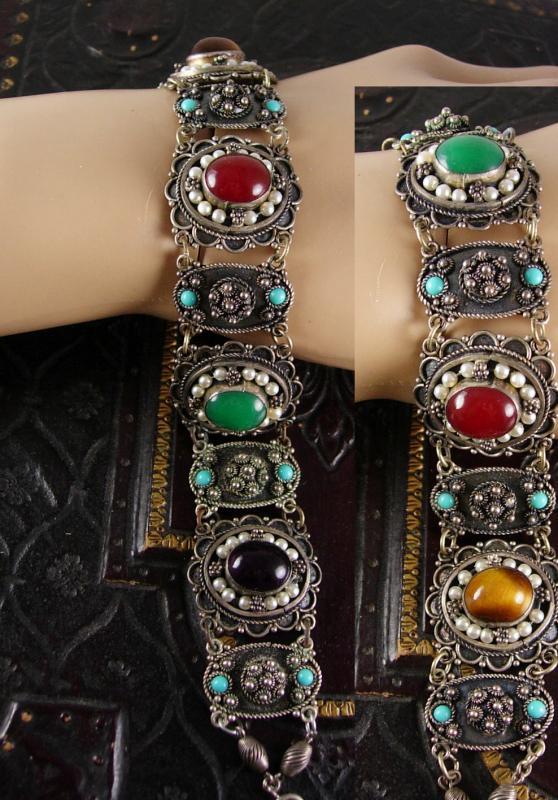 Antique 950 Silver Victorian bracelet etruscan pearls semiprecious stones