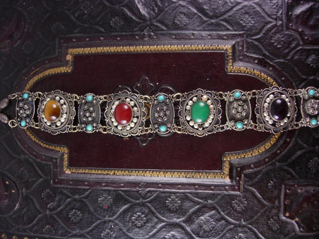 Antique 950 Silver Victorian bracelet etruscan pearls semiprecious stones