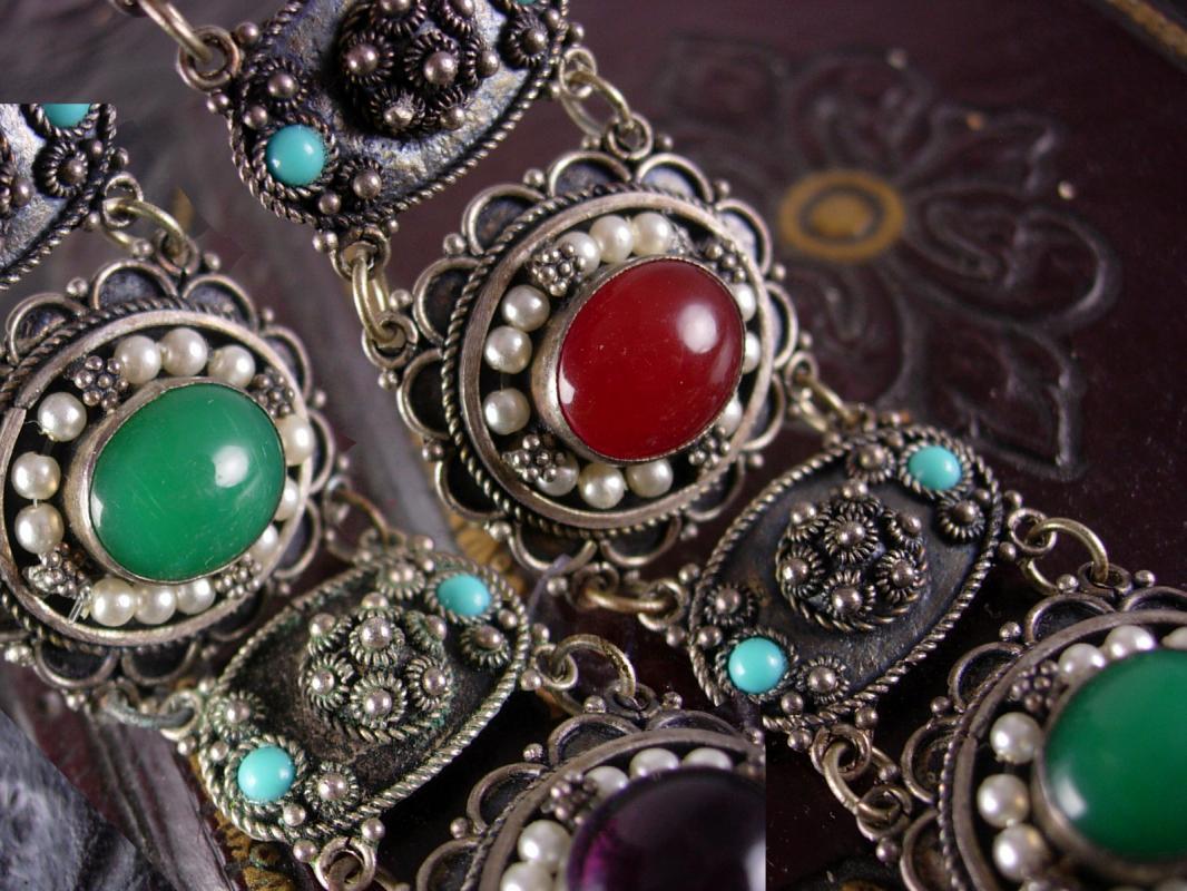 Antique 950 Silver Victorian bracelet etruscan pearls semiprecious stones