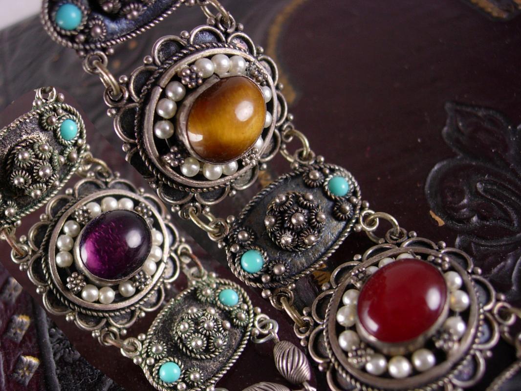 Antique 950 Silver Victorian bracelet etruscan pearls semiprecious stones