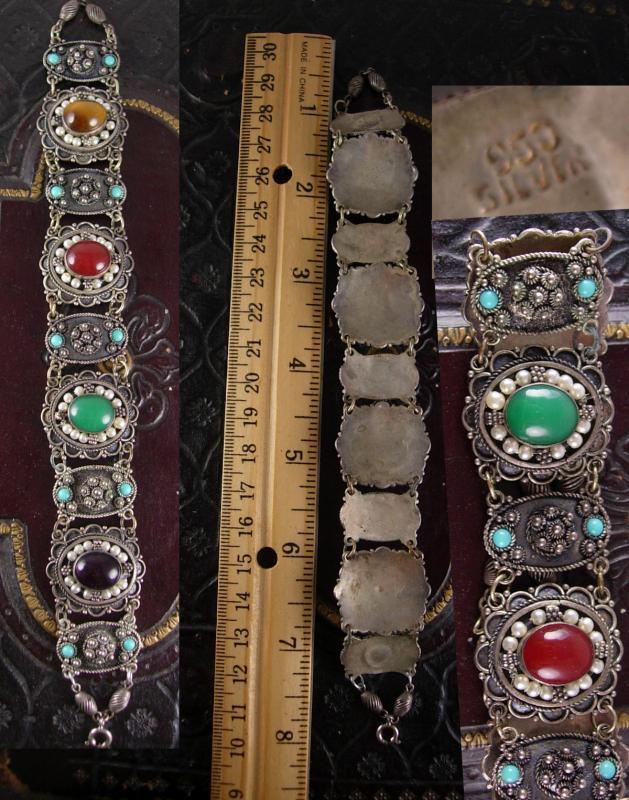 Antique 950 Silver Victorian bracelet etruscan pearls semiprecious stones