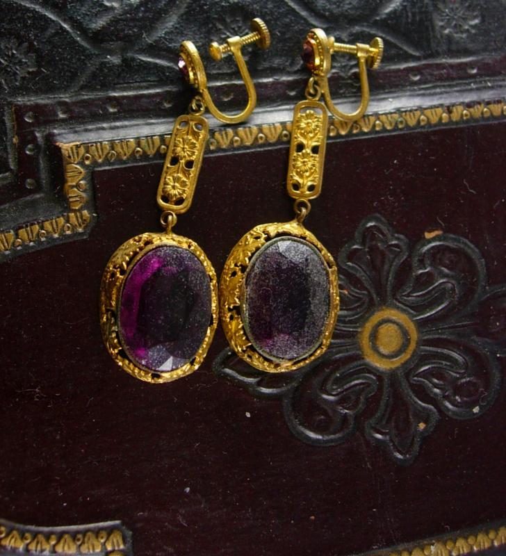 Antique Signed Czech Purple Earrings long chandelier screw on huge stones