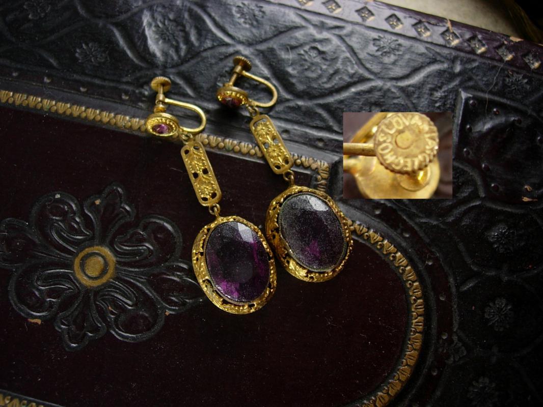 Antique Signed Czech Purple Earrings long chandelier screw on huge stones