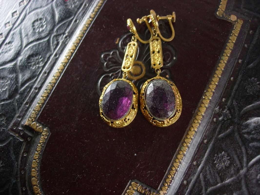 Antique Signed Czech Purple Earrings long chandelier screw on huge stones