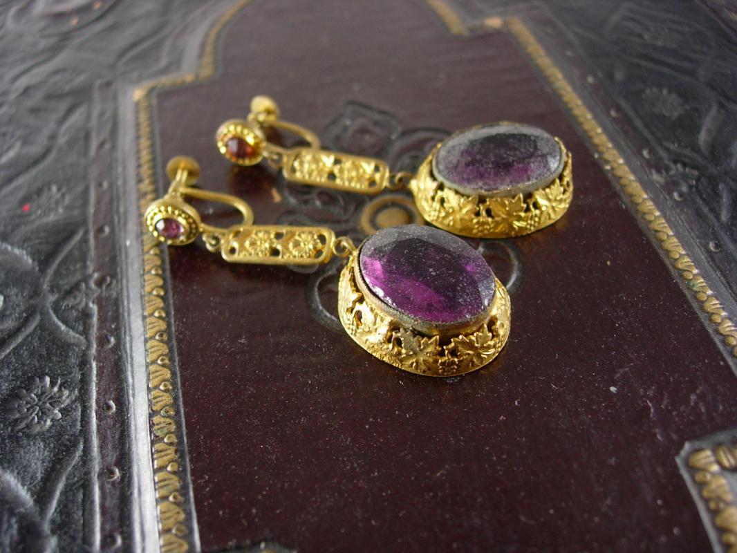Antique Signed Czech Purple Earrings long chandelier screw on huge stones