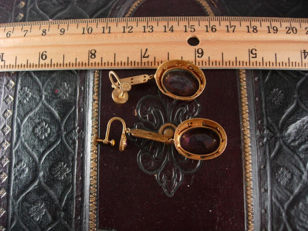 Antique Signed Czech Purple Earrings long chandelier screw on huge stones